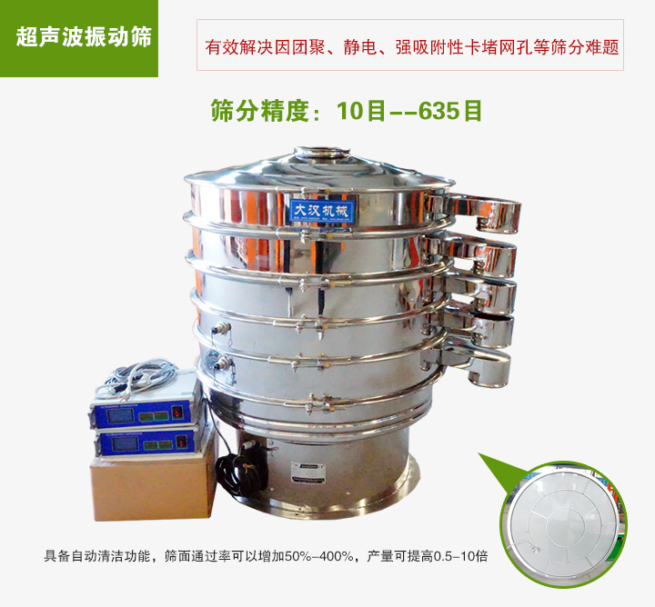 超聲波振動篩具備自動清潔功能，篩面通過率可以增加50%-400%，產(chǎn)量可提高0.5-10倍